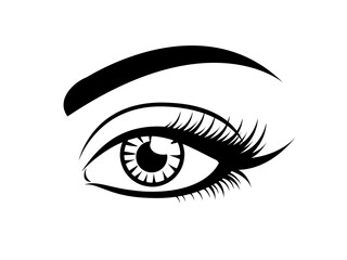 Longe eyelashes icon, black vector on white. Female eye glamour icon with brow and lashes.