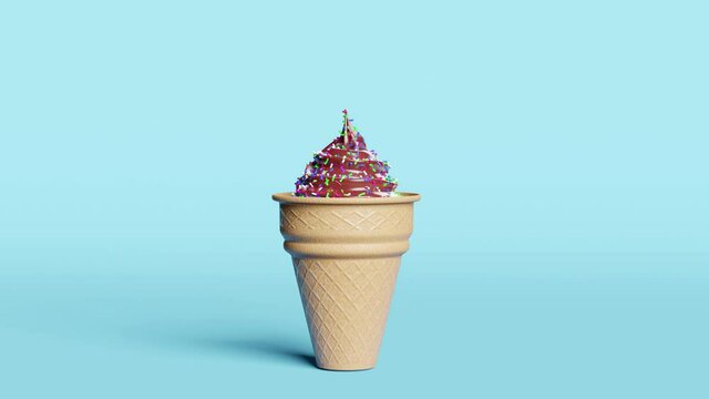 spin ice cream chocolate with topping in waffle cones isolated on blue pastel background.3d illustration or 3d render