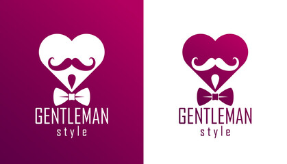 Gentleman heart vector icon or logo, heart shape with tie mustache and glasses symbol, man club, male hipster style and fashion.