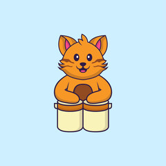 Cute cat is playing drums. Animal cartoon concept isolated. Can used for t-shirt, greeting card, invitation card or mascot. Flat Cartoon Style