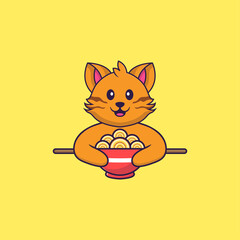 Cute cat eating ramen noodles. Animal cartoon concept isolated. Can used for t-shirt, greeting card, invitation card or mascot. Flat Cartoon Style