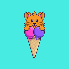 Cute cat with sweet ice cream. Animal cartoon concept isolated. Can used for t-shirt, greeting card, invitation card or mascot. Flat Cartoon Style