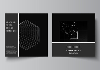 Vector layout of two square covers design templates for brochure, flyer, magazine, cover design, book design.Black color technology background. Digital visualization of science, medicine, tech concept