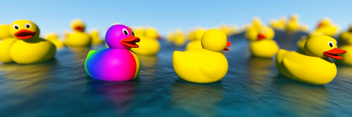 Standing out from the crowd and being different concept with plastic ducks in the ocean 3d render - obrazy, fototapety, plakaty