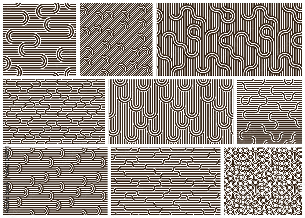 Poster linear seamless backgrounds with twisted lines, vector abstract geometric patterns set, stripy weavi