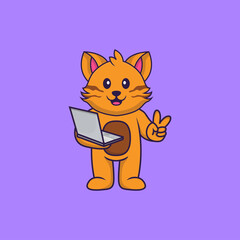 Cute cat holding laptop. Animal cartoon concept isolated. Can used for t-shirt, greeting card, invitation card or mascot. Flat Cartoon Style