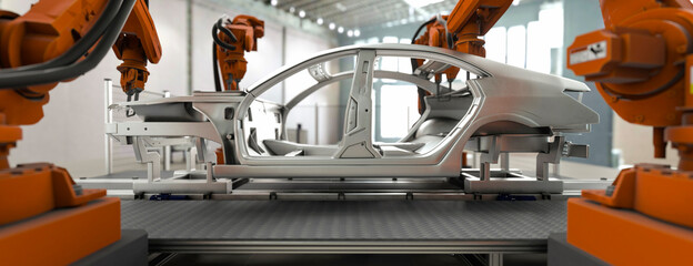 Modern car production line with robotic arms welding components 3d render