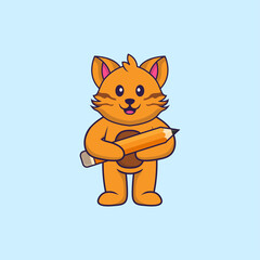 Cute cat holding a pencil. Animal cartoon concept isolated. Can used for t-shirt, greeting card, invitation card or mascot. Flat Cartoon Style