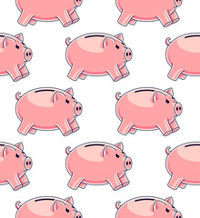 Piggy banks seamless background, backdrop for financial business website or economical theme ads and information, piggybank savings, vector wallpaper or web site background.