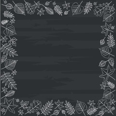Autumn leaves are drawn in chalk on the school blackboard. The image is a white outline on a dark background.