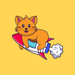 Cute cat flying on rocket. Animal cartoon concept isolated. Can used for t-shirt, greeting card, invitation card or mascot. Flat Cartoon Style