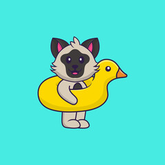 Cute cat With Duck buoy. Animal cartoon concept isolated. Can used for t-shirt, greeting card, invitation card or mascot. Flat Cartoon Style