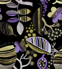 Abstract leaves and flowersornamental on black background seamless pattern for all prints.
