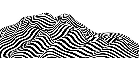 Abstract vector 3D lines background, black and white curves linear perspective dimensional terrain optical pattern.