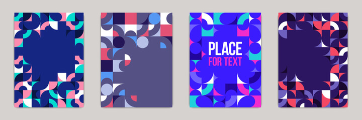 Fototapeta na wymiar Backgrounds and cover templates vector set, abstract geometric designs, bright color compositions with copy spaces for text, complex modern art layout.