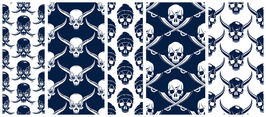 Black skulls seamless vector background set, endless pattern with horror death sculls, stylish wallpaper of hard rock culture music fashion theme, gothic image collection.