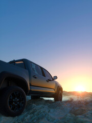 Fototapeta na wymiar Modern off road truck in a remote location enjoying the sunset 3d render
