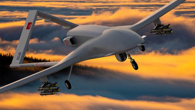 Turkish Bayraktar TB2 combat drone in flight over the clouds