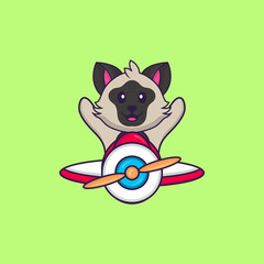 Cute cat flying on a plane. Animal cartoon concept isolated. Can used for t-shirt, greeting card, invitation card or mascot. Flat Cartoon Style