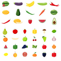 Vector fruits and vegetables icon set isolated on white background.  Set of fruits and vegetables. Different colorful vegetables and fruits.