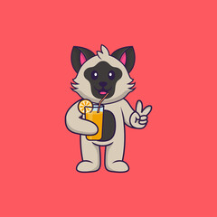 Cute cat holding orange juice in glass. Animal cartoon concept isolated. Can used for t-shirt, greeting card, invitation card or mascot. Flat Cartoon Style