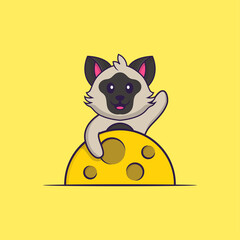 Cute cat is on the moon. Animal cartoon concept isolated. Can used for t-shirt, greeting card, invitation card or mascot. Flat Cartoon Style