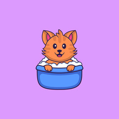 Cute cat taking a bath in the bathtub. Animal cartoon concept isolated. Can used for t-shirt, greeting card, invitation card or mascot. Flat Cartoon Style