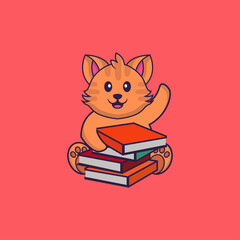 Cute cat reading a book. Animal cartoon concept isolated. Can used for t-shirt, greeting card, invitation card or mascot. flat cartoon style