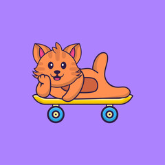 Cute cat lying on a skateboard. Animal cartoon concept isolated. Can used for t-shirt, greeting card, invitation card or mascot. Flat Cartoon Style