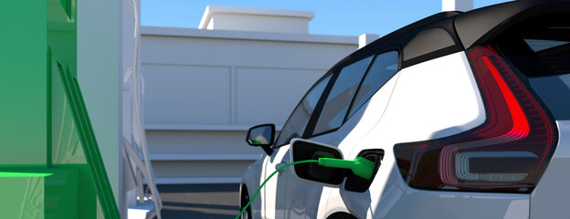 Modern electric car charging up at a station concept 3d render - obrazy, fototapety, plakaty