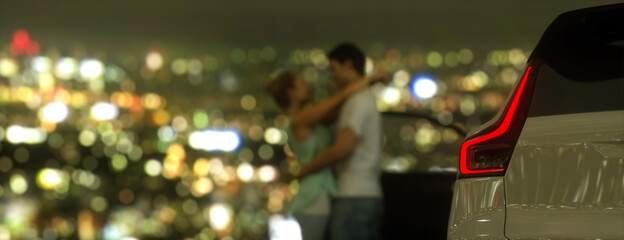 Young couple hugging and in love while looking out over the city at night 3d render
