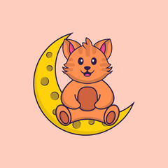 Cute cat is sitting on the moon. Animal cartoon concept isolated. Can used for t-shirt, greeting card, invitation card or mascot. Flat Cartoon Style