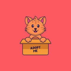 Cute cat in box with a poster Adopt me. Animal cartoon concept isolated. Can used for t-shirt, greeting card, invitation card or mascot. Flat Cartoon Style