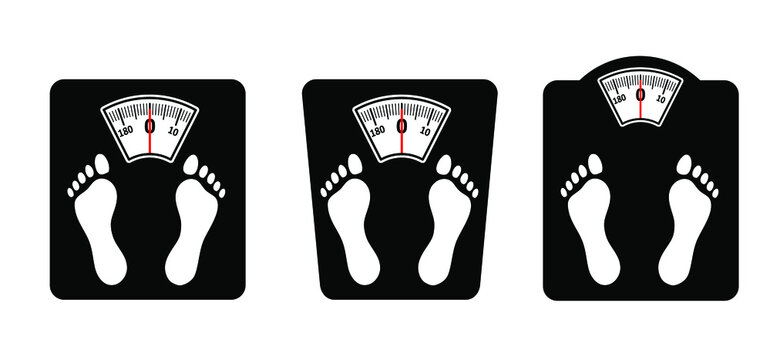 Diet scale or weighing scale. Balance concept. Vector fitness sport pictogram. Bathroom weight scale icon. World diabetes day. People on unhealthy with overweight, obesity problem. Fat, calories.