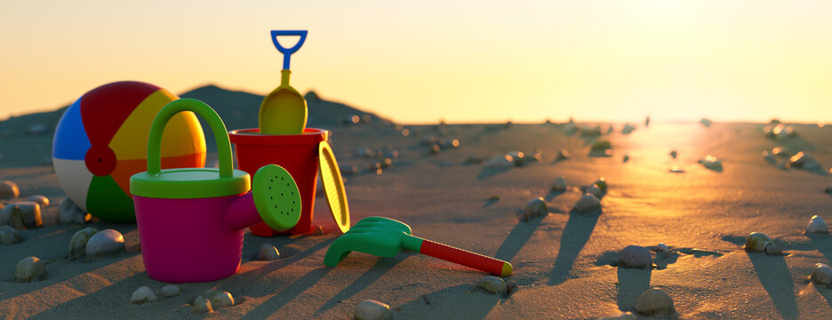 Children's beach toys on a summer beach 3d render