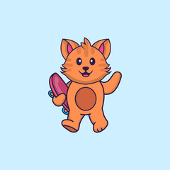 Cute cat holding a skateboard. Animal cartoon concept isolated. Can used for t-shirt, greeting card, invitation card or mascot. Flat Cartoon Style