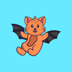 Cute cat is flying with wings. Animal cartoon concept isolated. Can used for t-shirt, greeting card, invitation card or mascot. Flat Cartoon Style