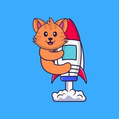 Cute cat flying on rocket. Animal cartoon concept isolated. Can used for t-shirt, greeting card, invitation card or mascot. Flat Cartoon Style