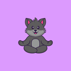 Cute cat is meditating or doing yoga. Animal cartoon concept isolated. Can used for t-shirt, greeting card, invitation card or mascot. Flat Cartoon Style