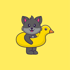 Cute cat With Duck buoy. Animal cartoon concept isolated. Can used for t-shirt, greeting card, invitation card or mascot. Flat Cartoon Style