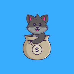 Cute cat in a money bag. Animal cartoon concept isolated. Can used for t-shirt, greeting card, invitation card or mascot. Flat Cartoon Style