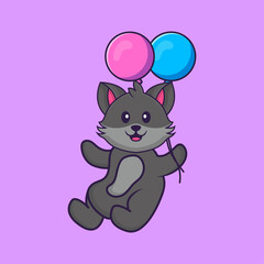 Cute cat flying with two balloons. Animal cartoon concept isolated. Can used for t-shirt, greeting card, invitation card or mascot. Flat Cartoon Style