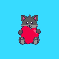 Cute cat holding a big red heart. Animal cartoon concept isolated. Can used for t-shirt, greeting card, invitation card or mascot. Flat Cartoon Style