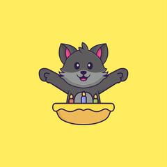 Cute cat with birthday cake. Animal cartoon concept isolated. Can used for t-shirt, greeting card, invitation card or mascot. Flat Cartoon Style
