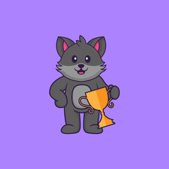 Cute cat holding gold trophy. Animal cartoon concept isolated. Can used for t-shirt, greeting card, invitation card or mascot. Flat Cartoon Style