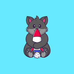 Cute cat holding a rocket. Animal cartoon concept isolated. Can used for t-shirt, greeting card, invitation card or mascot. Flat Cartoon Style