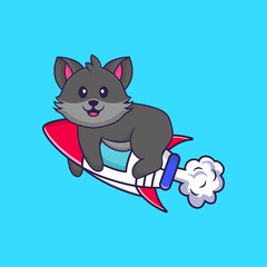 Cute cat flying on rocket. Animal cartoon concept isolated. Can used for t-shirt, greeting card, invitation card or mascot. Flat Cartoon Style
