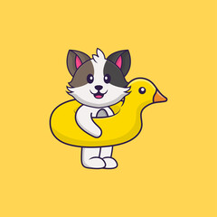Cute cat With Duck buoy. Animal cartoon concept isolated. Can used for t-shirt, greeting card, invitation card or mascot. Flat Cartoon Style