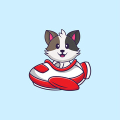 Cute cat flying on a plane. Animal cartoon concept isolated. Can used for t-shirt, greeting card, invitation card or mascot. Flat Cartoon Style