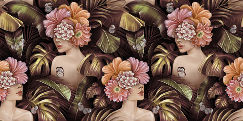 Tropical golden seamless pattern with women, bouquets of hibiscus flowers, plumeria, cactus, monstera, palm, banana leaves, butterflies. Hand-drawn vintage 3D illustration. Good for luxury wallpapers - obrazy, fototapety, plakaty